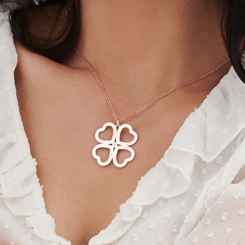 Four Leaf Clover Heart Necklace with Diamonds in Rose Gold Plating - 3