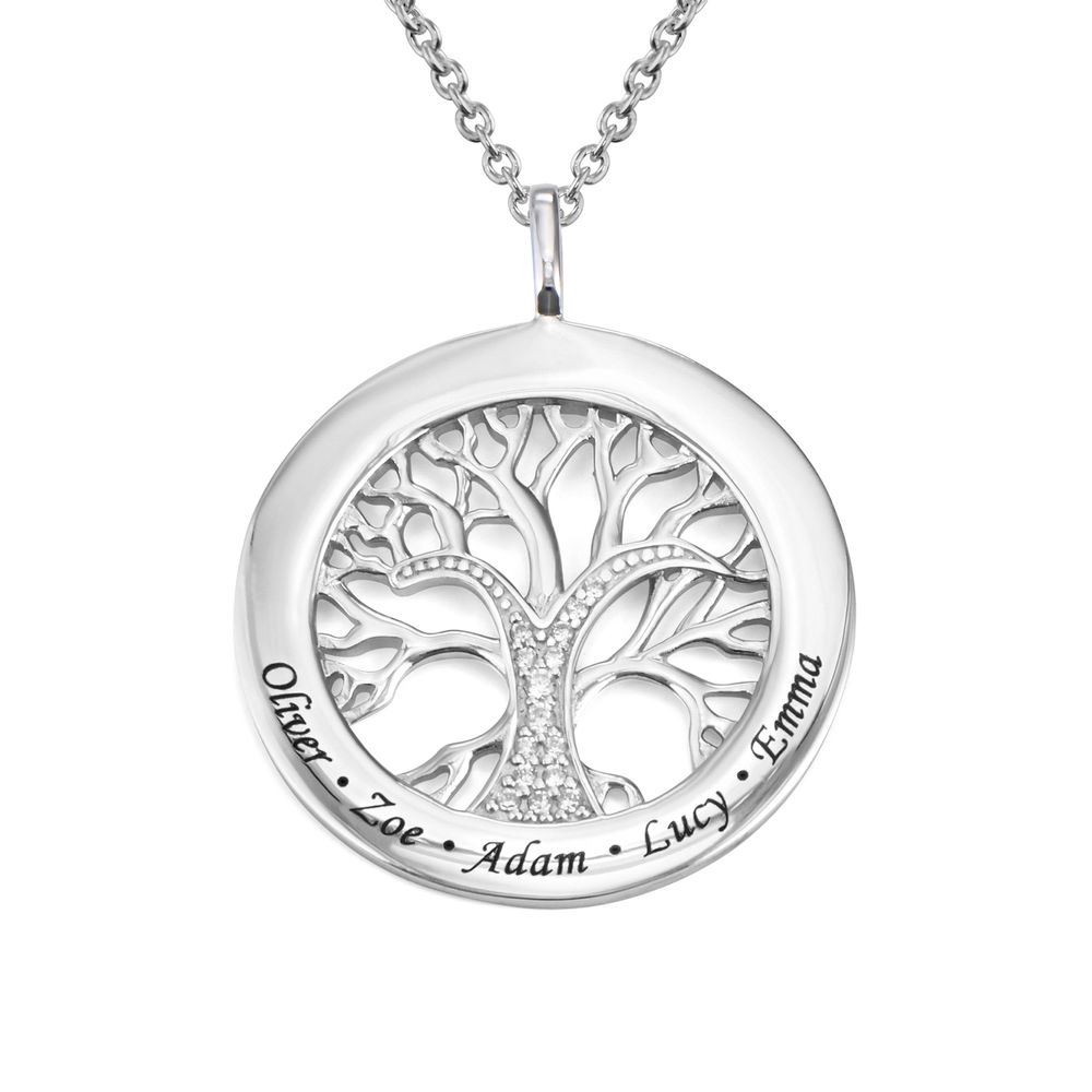 Family Tree Circle Necklace with Cubic Zirconia in Sterling Silver