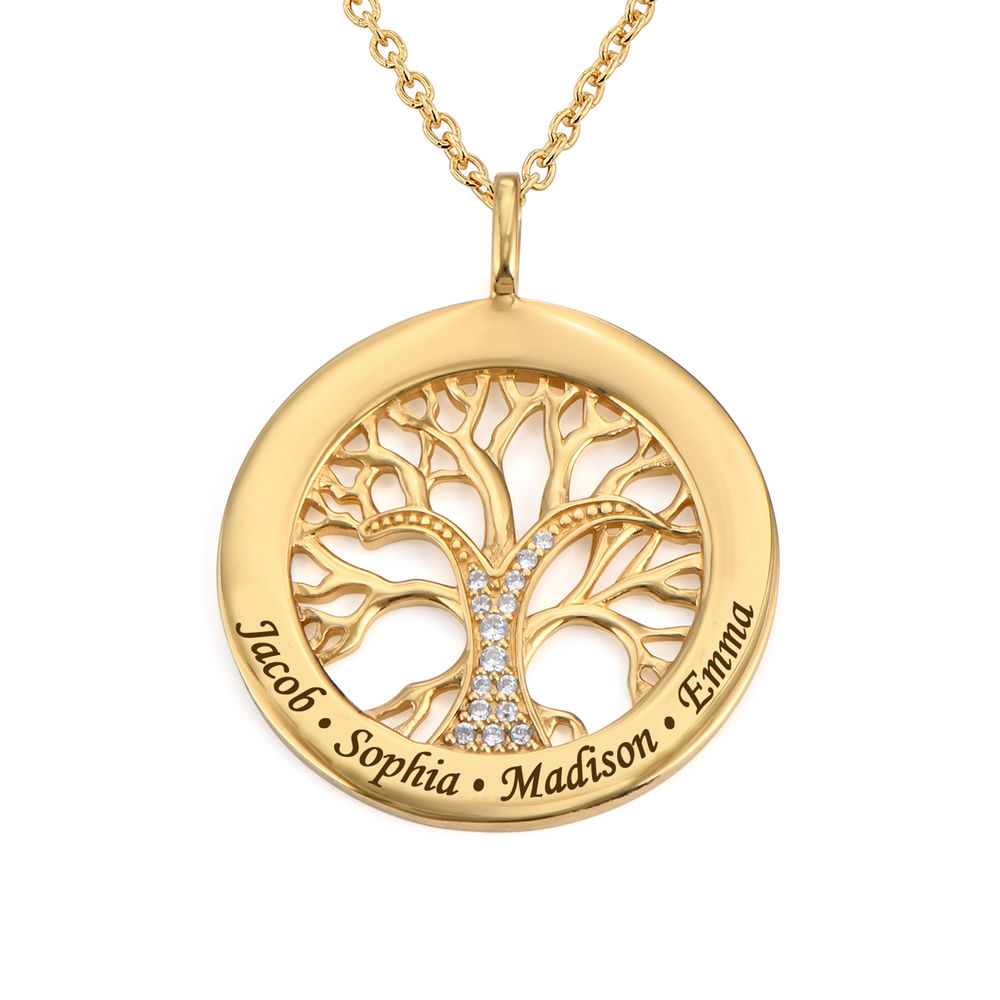 Family Tree Circle Necklace with Cubic Zirconia in Gold Plating