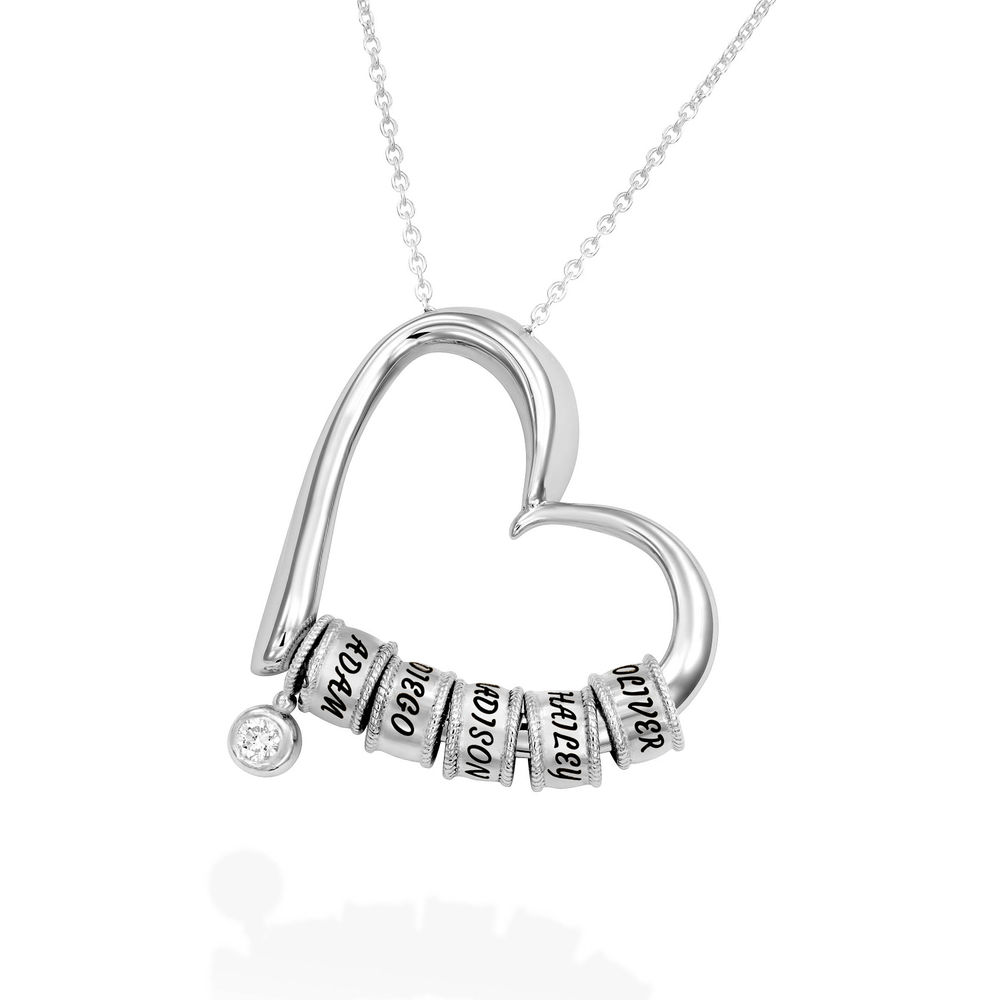 Charming Heart Necklace with Engraved Beads & Diamond in Sterling Silver