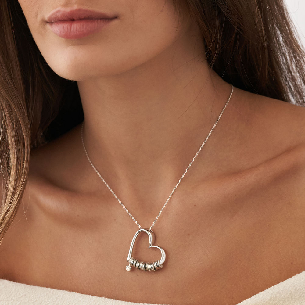 Charming Heart Necklace with Engraved Beads & Diamond in Sterling Silver - 3