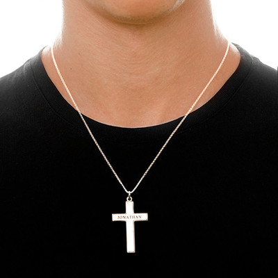 Men's Engraved Cross Necklace in Sterling Silver - 1 product photo
