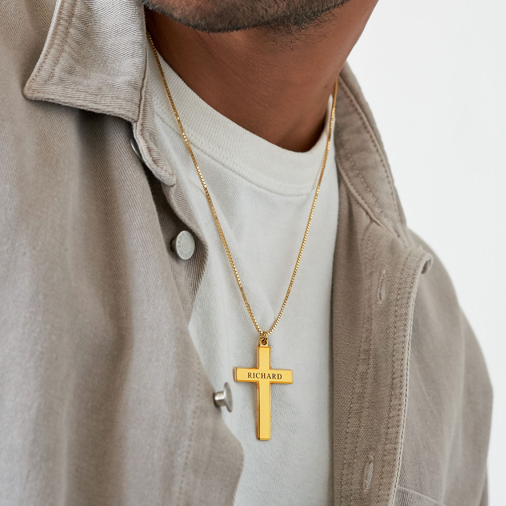 Men's Engraved Cross Necklace in 18k Gold Plating - 3