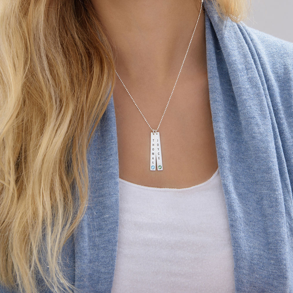 Vertical Sterling Silver Bar Necklace with Birthstone Crystal - 3 product photo