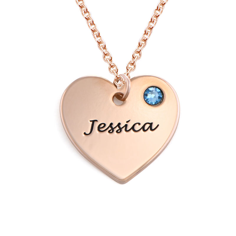 Engraved Heart Necklace with Birthstone in Rose Gold Plating