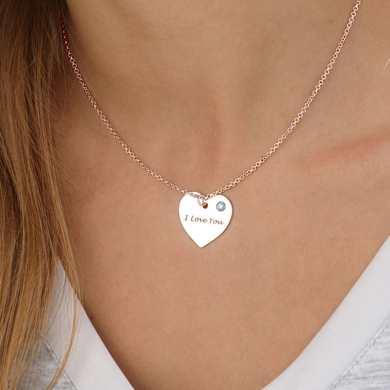 Engraved Heart Necklace with Birthstone in Rose Gold Plating - 1