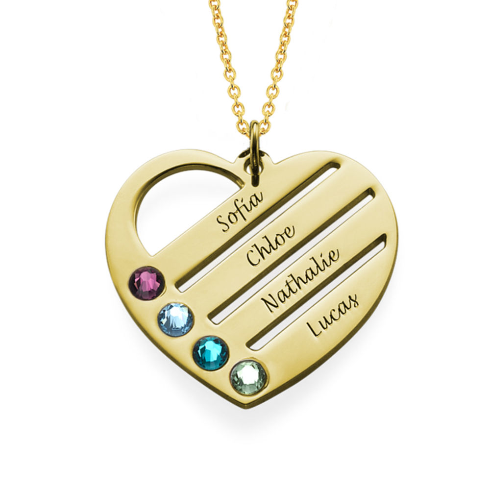 Birthstone Heart Necklace with Engraved Names - Gold Plated