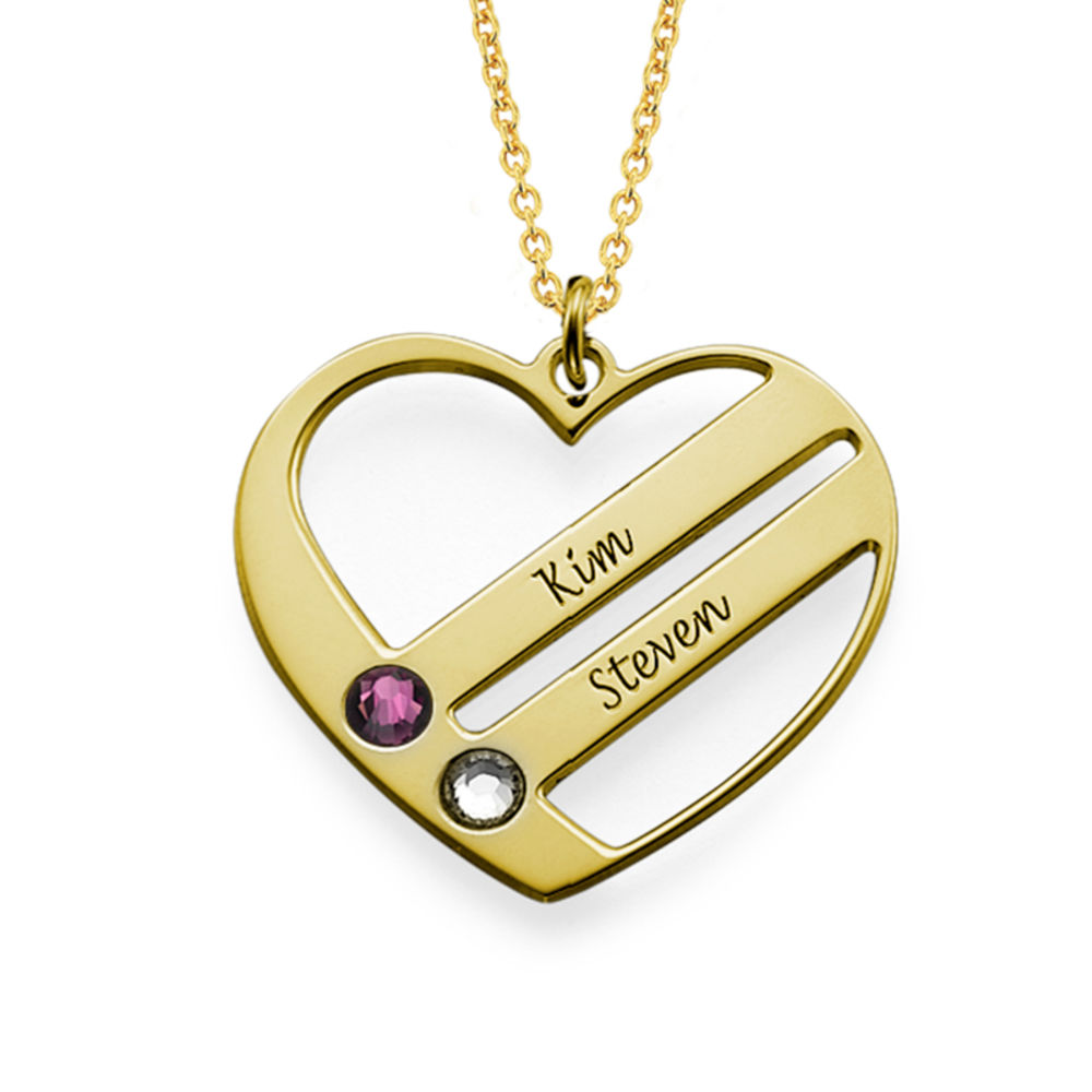 Birthstone Heart Necklace with Engraved Names - Gold Plated - 1