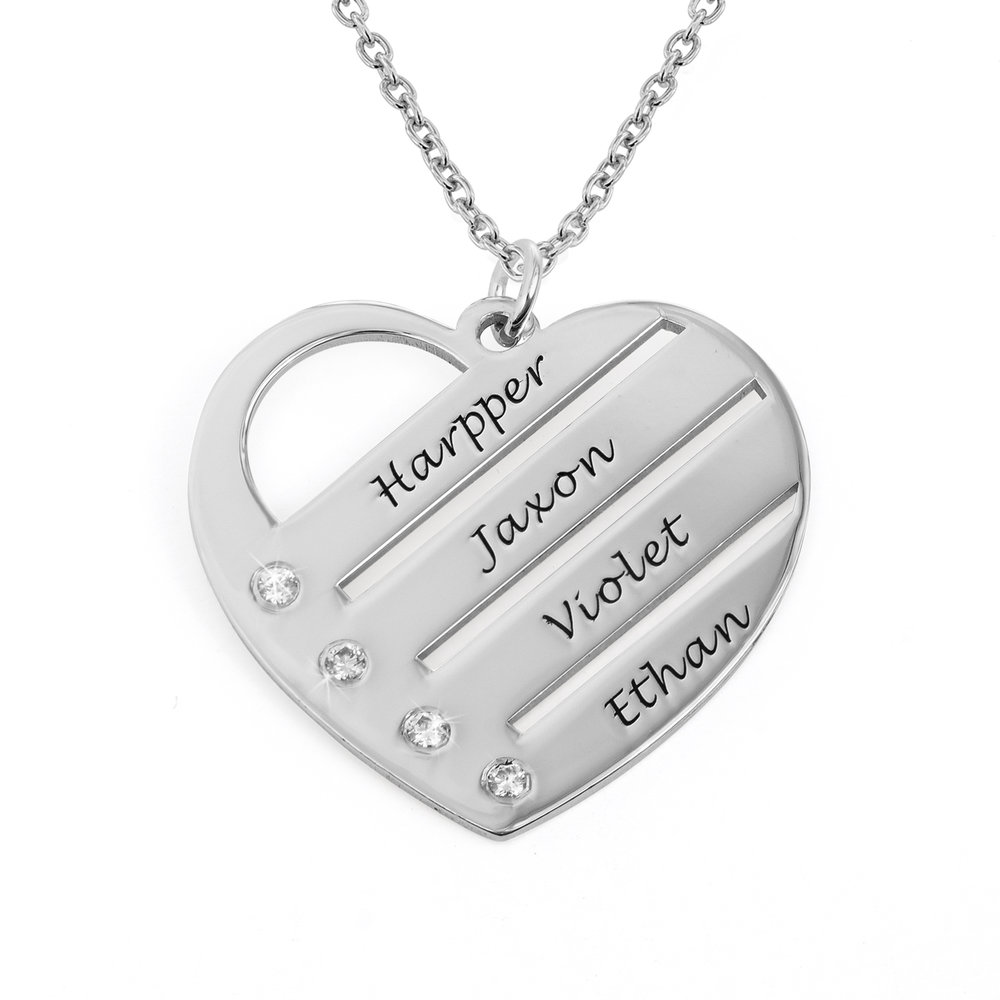 Heart Necklace with Engraved Names with Diamond in Sterling Silver