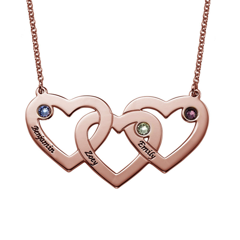 Intertwined Hearts Necklace with Birthstones - Rose Gold Plated