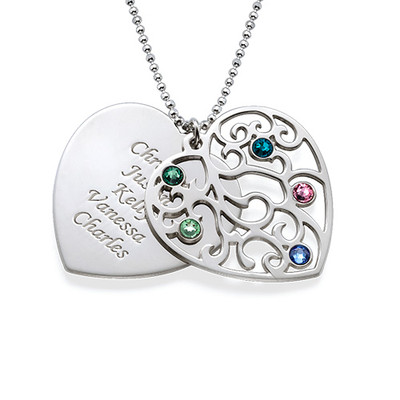 Heart Shaped Filigree Family Tree Birthstone Necklace