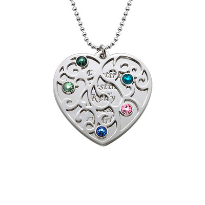Heart Shaped Filigree Family Tree Birthstone Necklace - 1