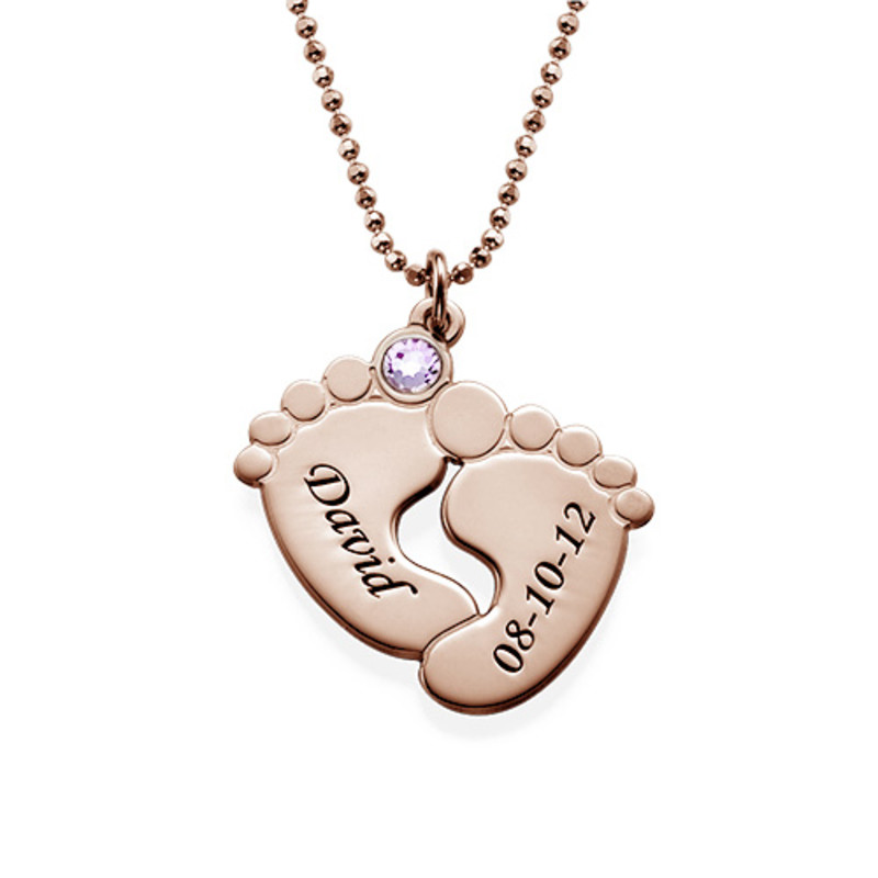 Personalized Baby Feet Necklace with Birthstones - Rose Gold Plated - 1
