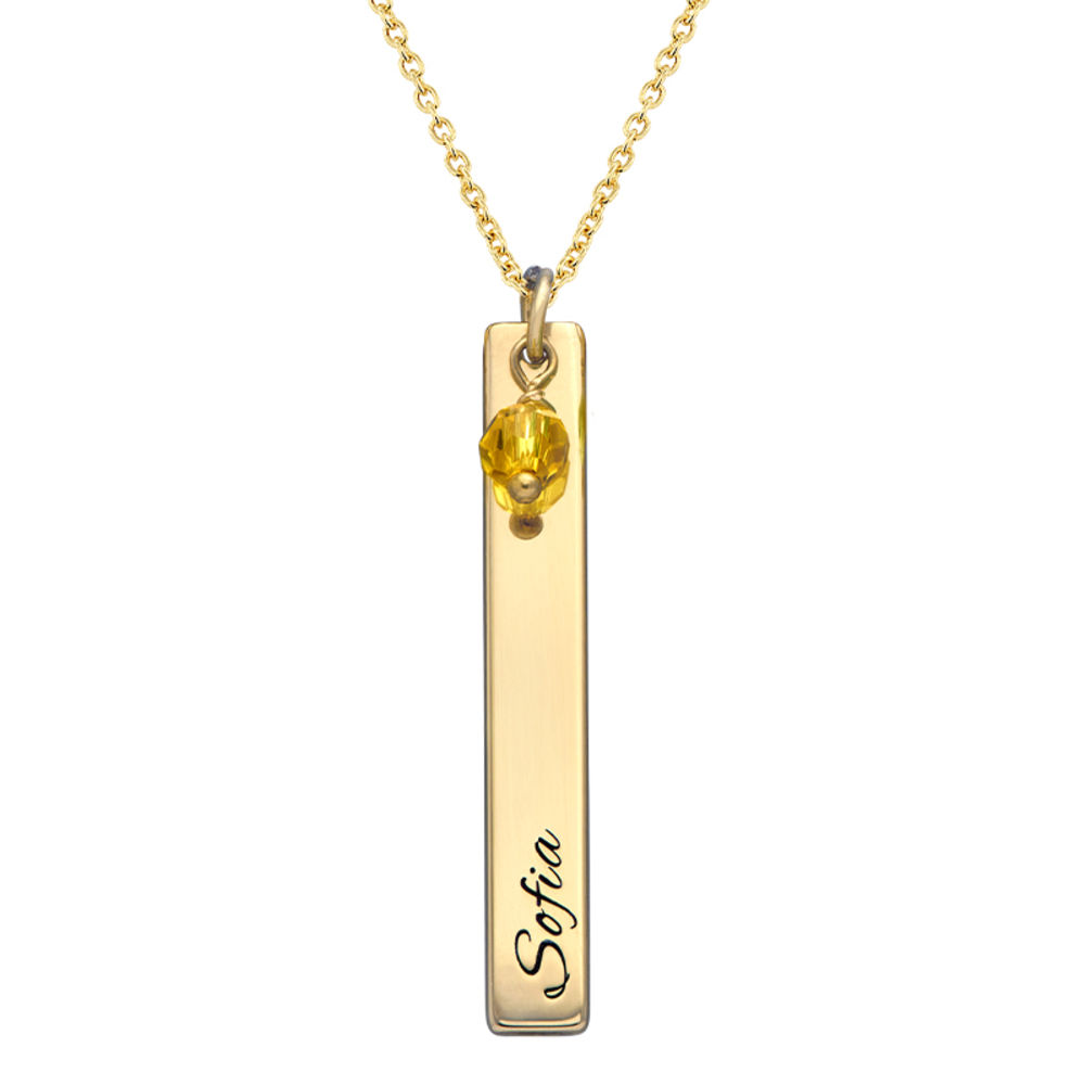 Engraved Bar Necklace with Birthstones in Gold Plating - 1