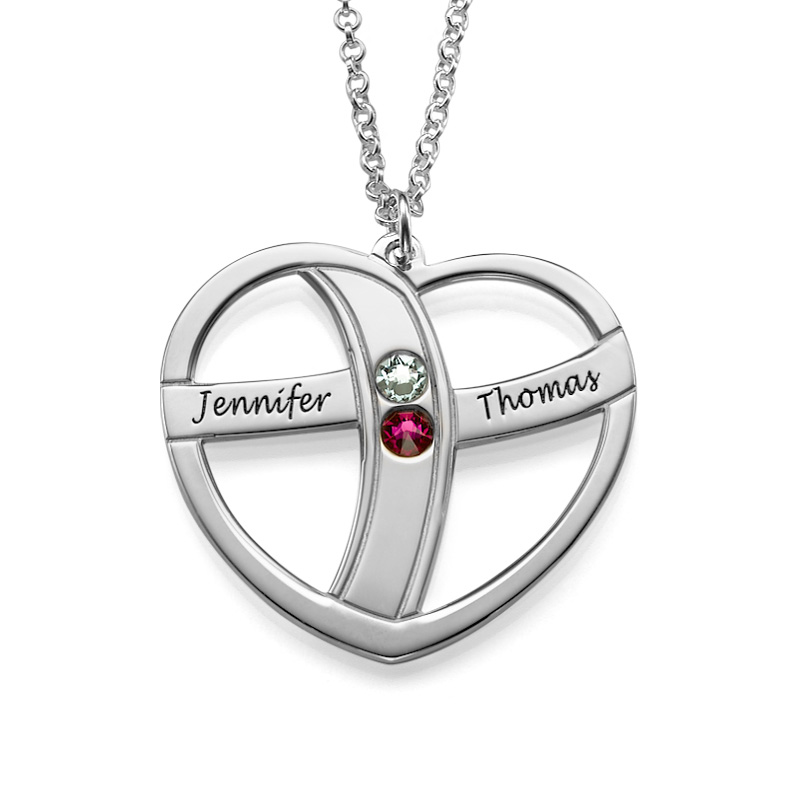 Engraved Heart Necklace with Birthstones - 1
