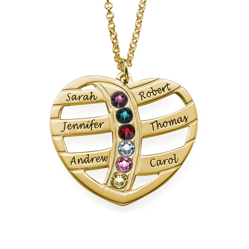 Gift for Mom - Engraved Gold Heart Necklace with Birthstones