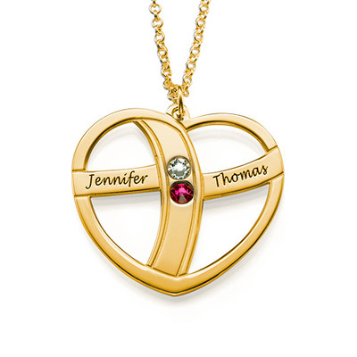 Gift for Mom - Engraved Gold Heart Necklace with Birthstones - 1