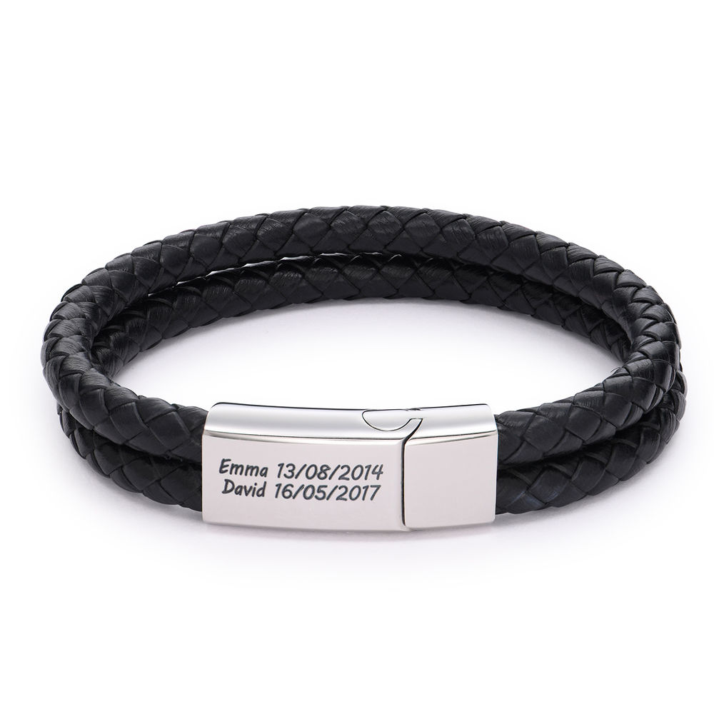 Engraved Bracelet for Men in Stainless Steel and black leather