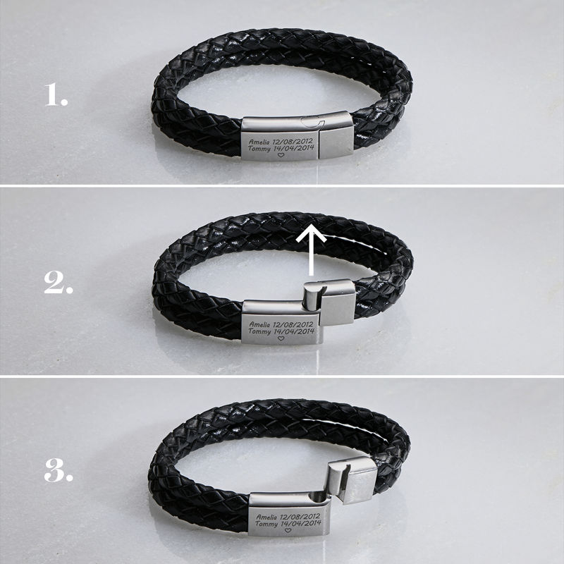 Engraved Bracelet for Men in Stainless Steel and black leather - 5 product photo