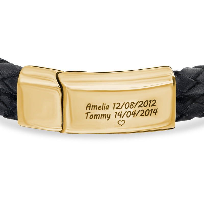 Engraved Bracelet for Men in Black Leather and Gold Plating - 1 product photo