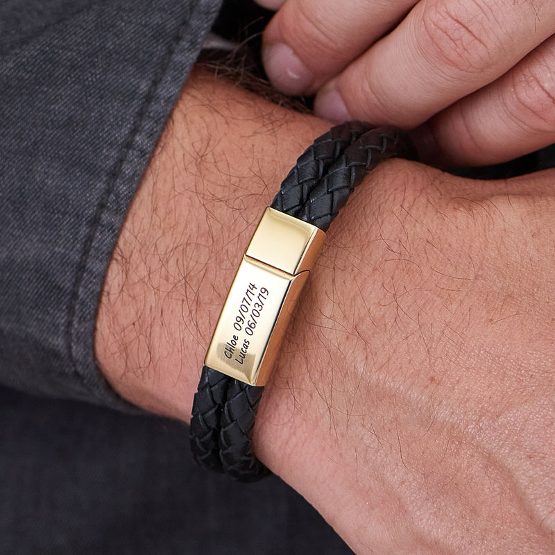 Engraved Bracelet for Men in Black Leather and Gold Plating - 2 product photo
