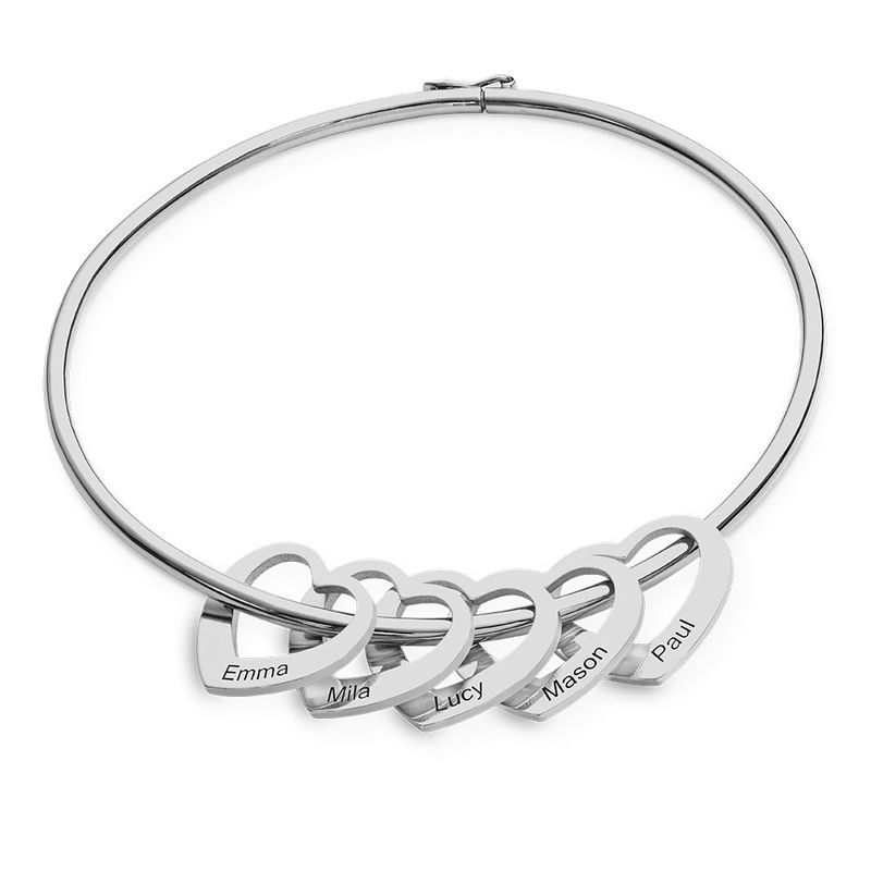 Bangle Bracelet with Heart Shape Pendants in Silver