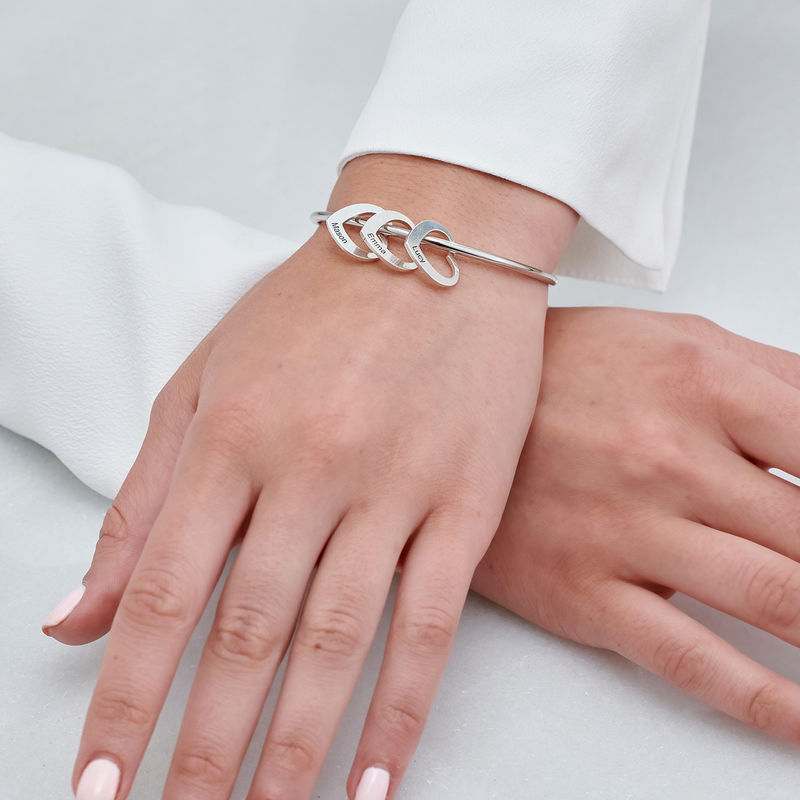 Bangle Bracelet with Heart Shape Pendants in Silver - 4