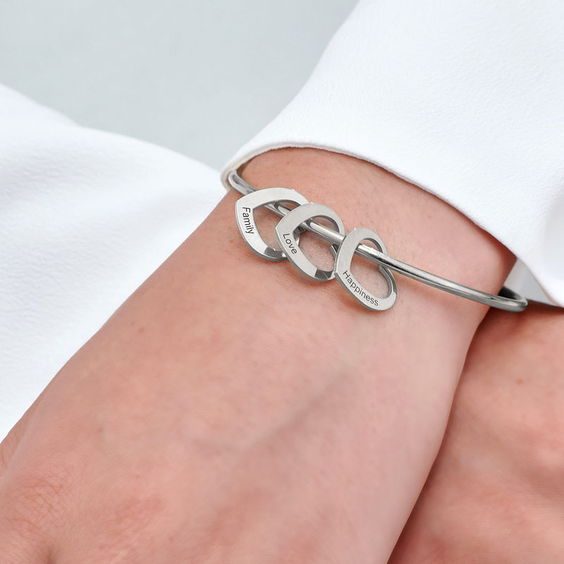 Bangle Bracelet with Heart Shape Pendants in Silver - 5