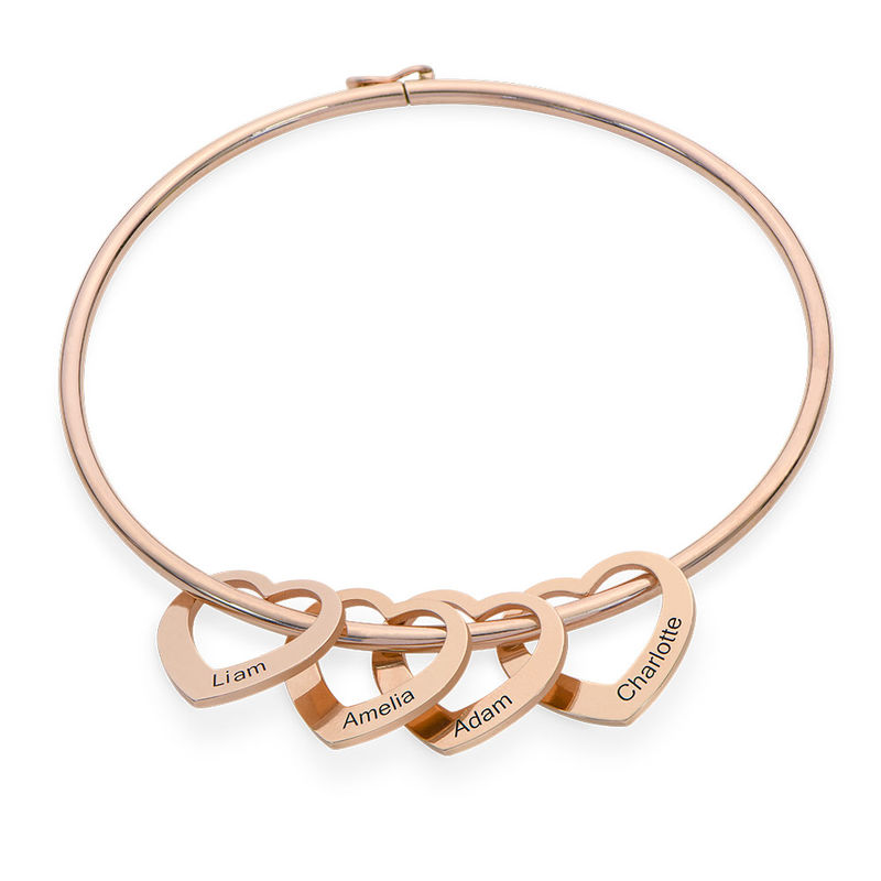 Bangle Bracelet with Heart Shape Pendants in Rose Gold Plating