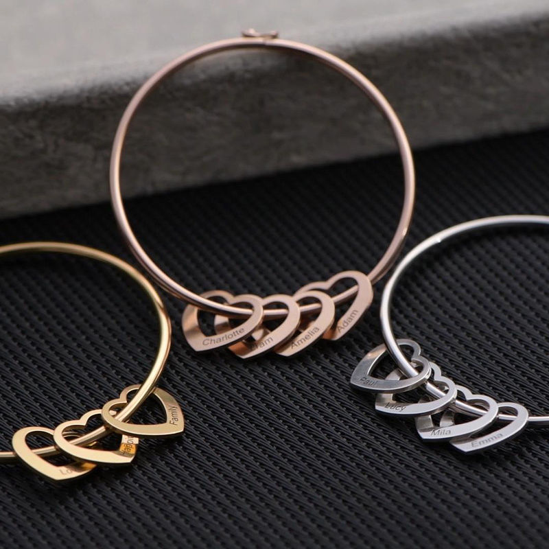 Bangle Bracelet with Heart Shape Pendants in Rose Gold Plating - 2