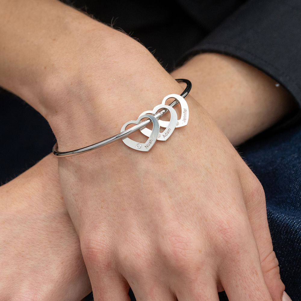 Bangle Bracelet with Heart Shape Pendants in Silver with Diamonds - 3 product photo