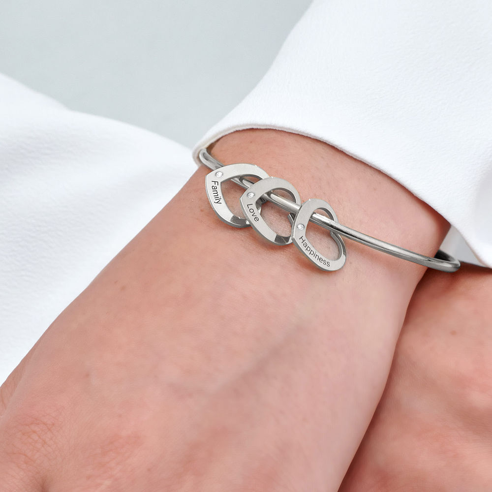 Bangle Bracelet with Heart Shape Pendants in Silver with Diamonds - 4 product photo