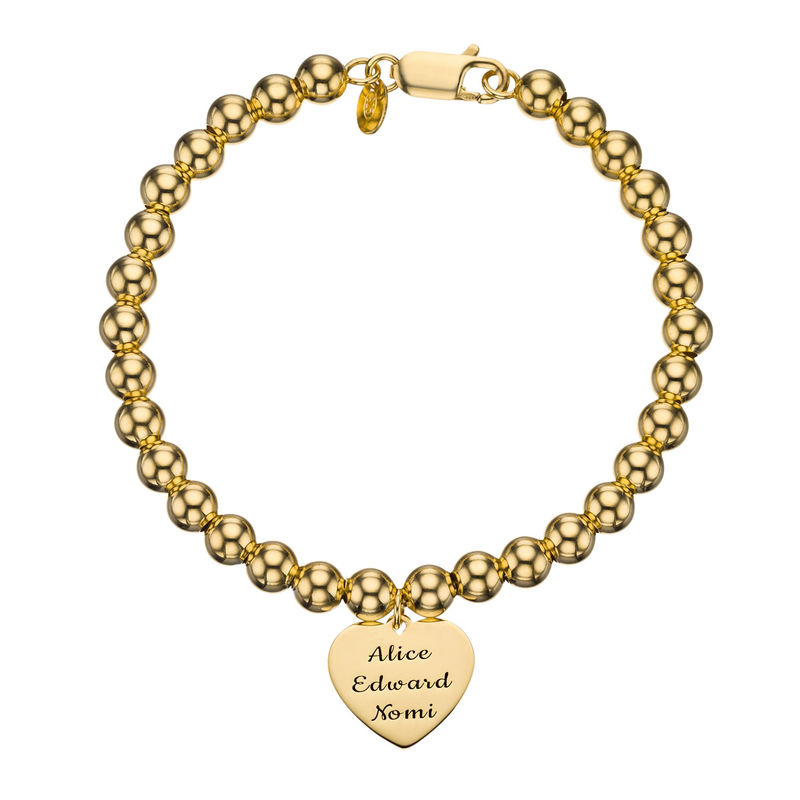 Engraved Heart Charm Beaded Bracelet in Gold Plating