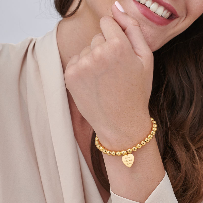 Engraved Heart Charm Beaded Bracelet in Gold Plating - 2