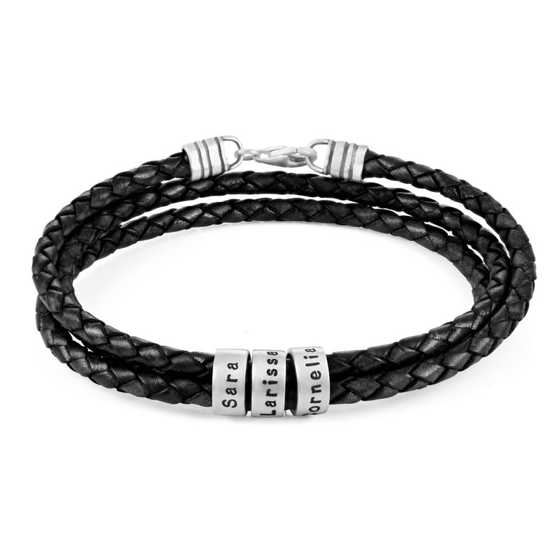Men Braided Leather Bracelet with Small Custom Beads in Silver - 1