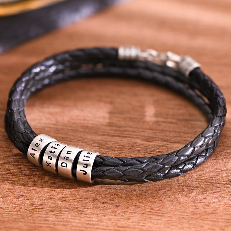 Men Braided Leather Bracelet with Small Custom Beads in Silver - 2