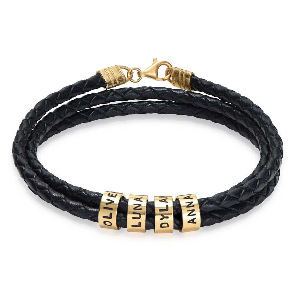 Men Braided Leather Bracelet with Small Custom Beads in 18k Gold Vermeil product photo