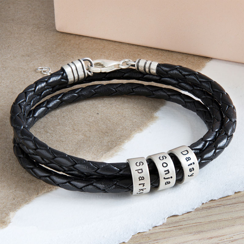 Women Braided Leather Bracelet with Small Custom Beads in Silver - 3