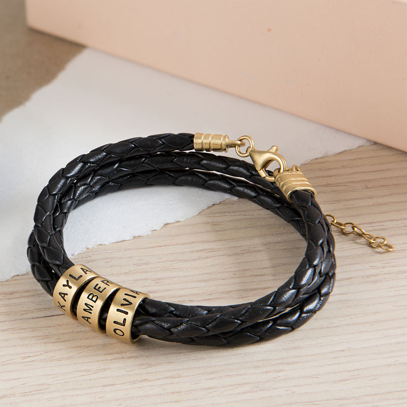 Women Braided Leather Bracelet with Small Custom Beads in 18k Gold Plating - 4