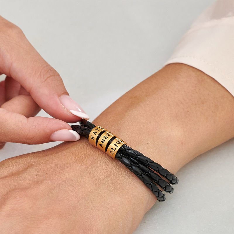 Women Braided Leather Bracelet with Small Custom Beads in 18k Gold Vermeil - 3