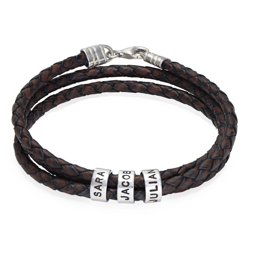 Men Braided Brown Leather Bracelet with Small Custom Beads in Silver product photo