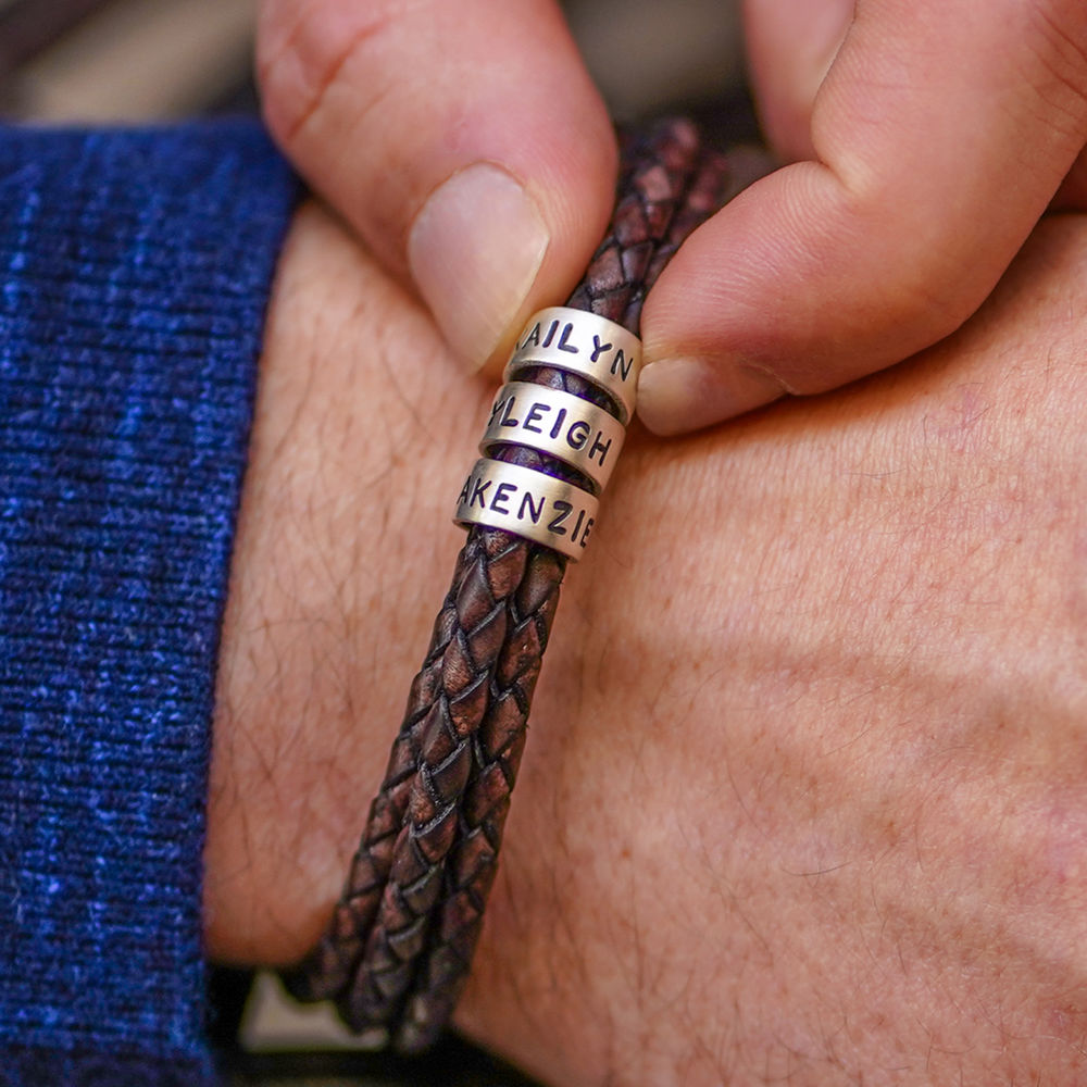 Men Braided Brown Leather Bracelet with Small Custom Beads in Silver - 3 product photo