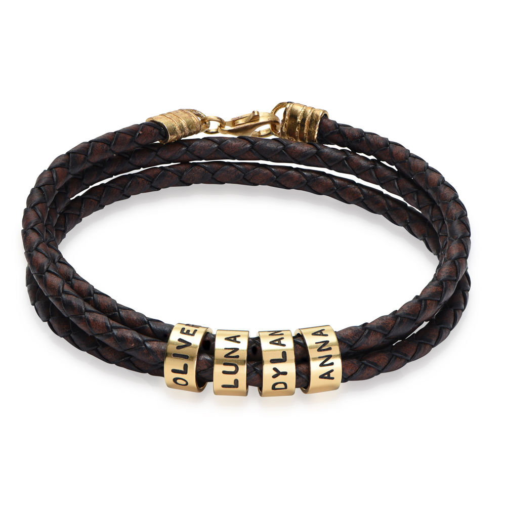 Men Braided Brown Leather Bracelet with Small Custom Beads in 18k Gold Vermeil product photo