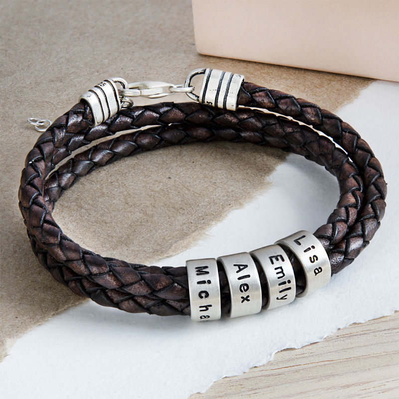 Women Braided Brown Leather Bracelet with Small Custom Beads in Silver - 4