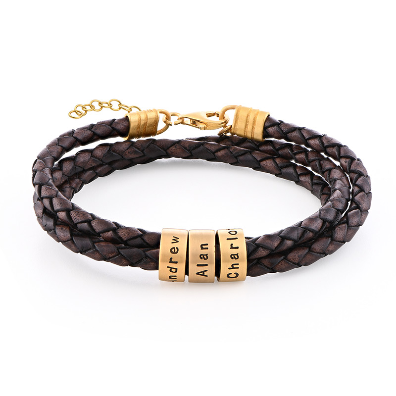 Women Braided Brown Leather Bracelet with Small Custom Beads in 18k Gold Plating