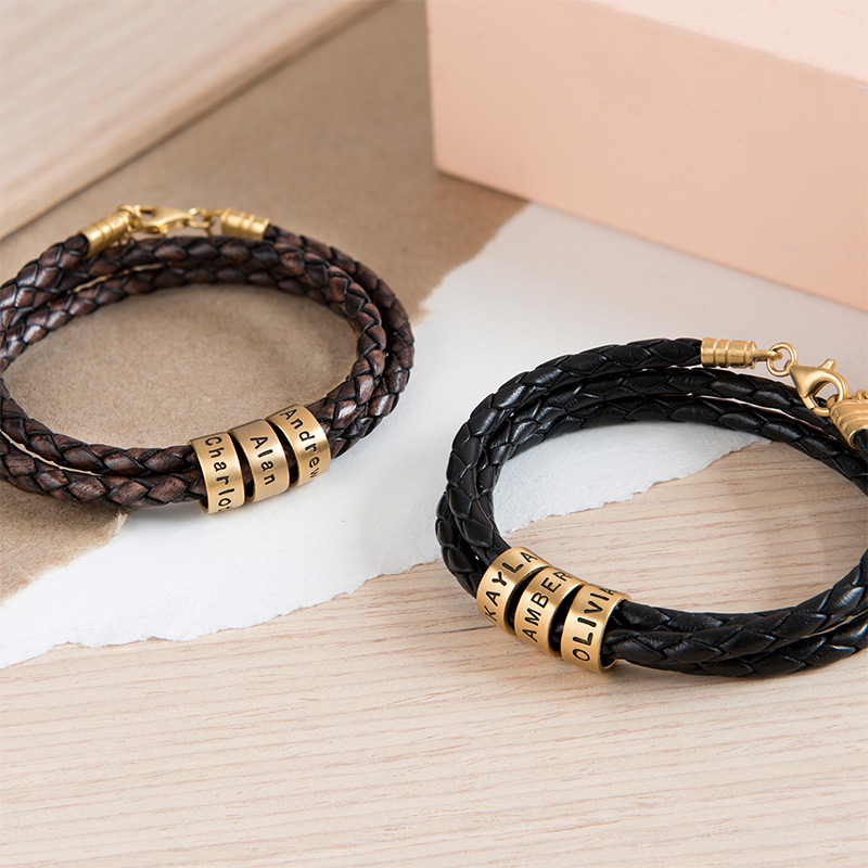 Women Braided Brown Leather Bracelet with Small Custom Beads in 18k Gold Plating - 5
