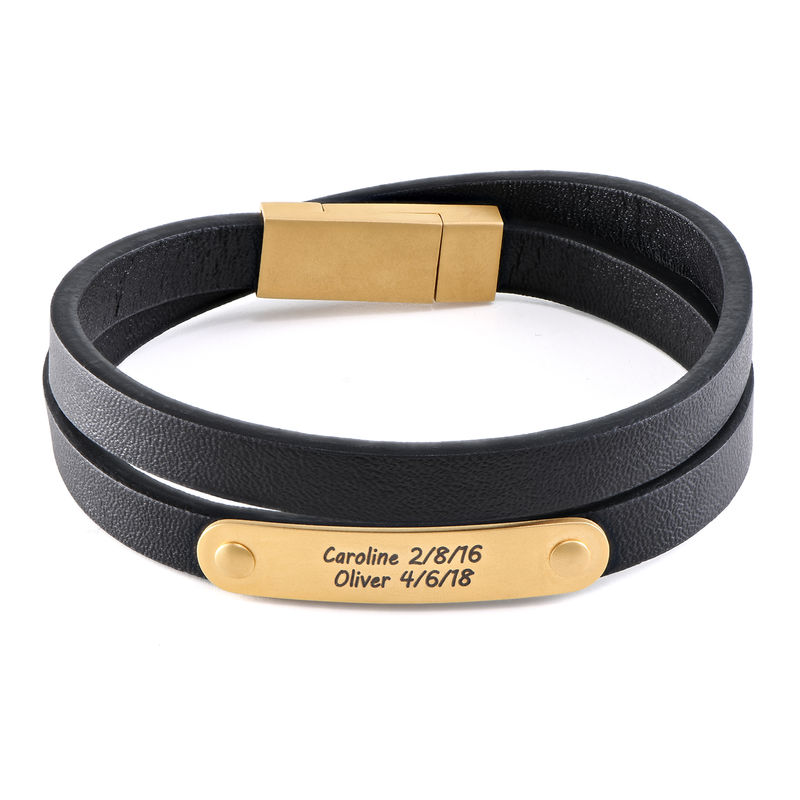 Black Leather Bracelet with Engraved Bar in 18K Gold Plating