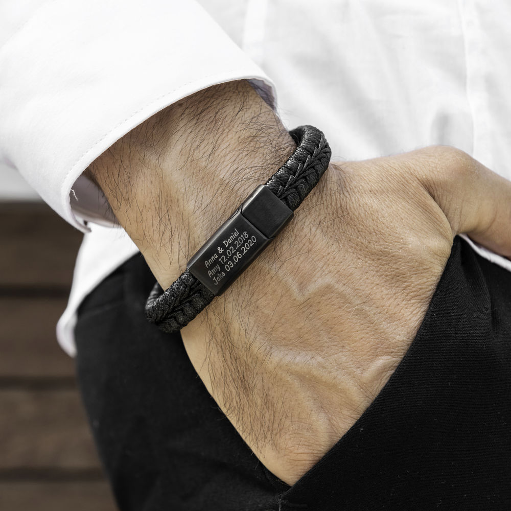 Men Flat Black Leather Braided Bracelet - 1