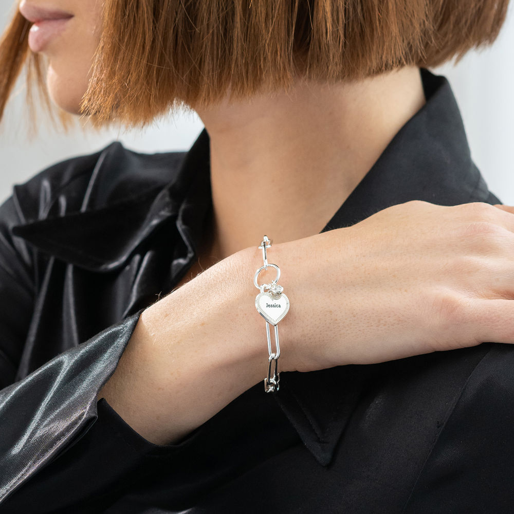Heart Pendant Link Bracelet with Diamond in Sterling Silver - 2
