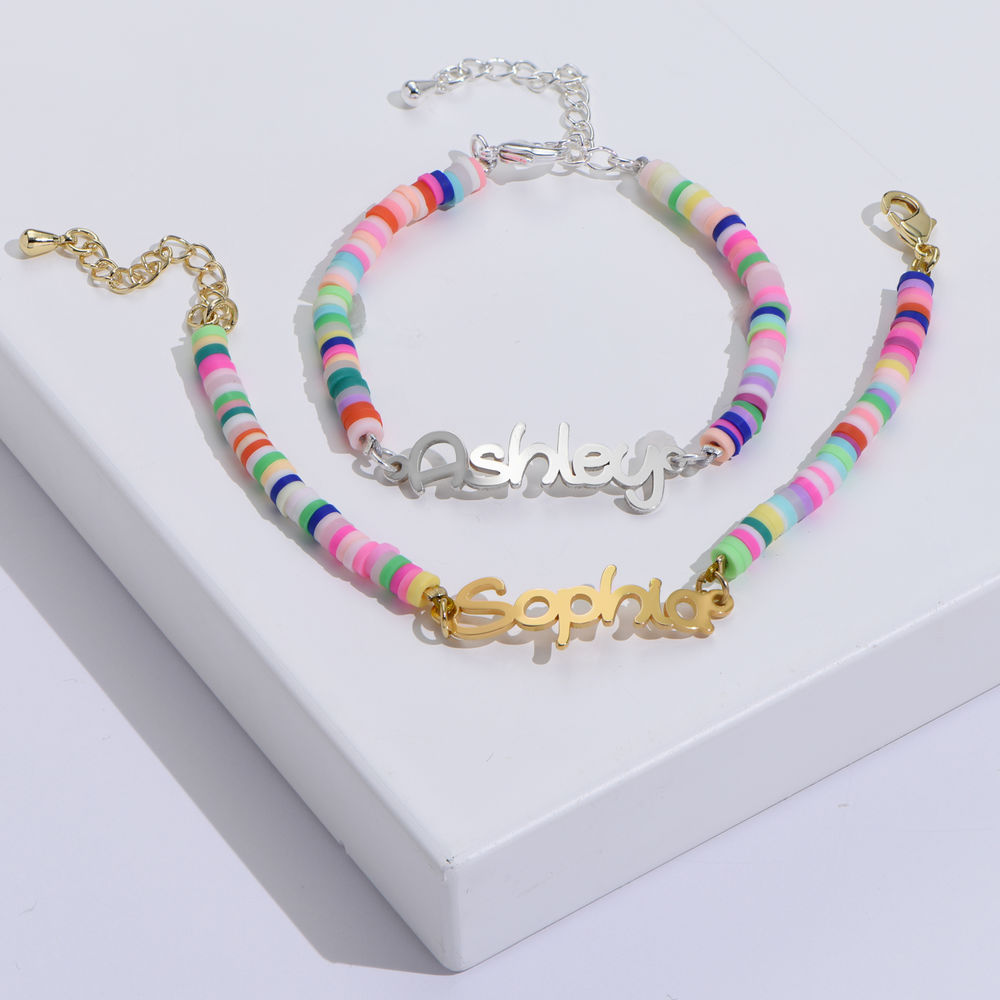 Rainbow Bead Girls Name Bracelet in Sterling Silver - 1 product photo